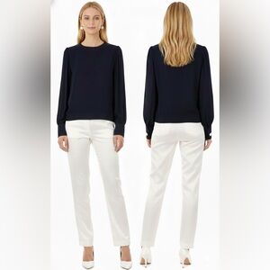 Oscar de la Renta Navy Blue Silk Blouse with white rose buttons